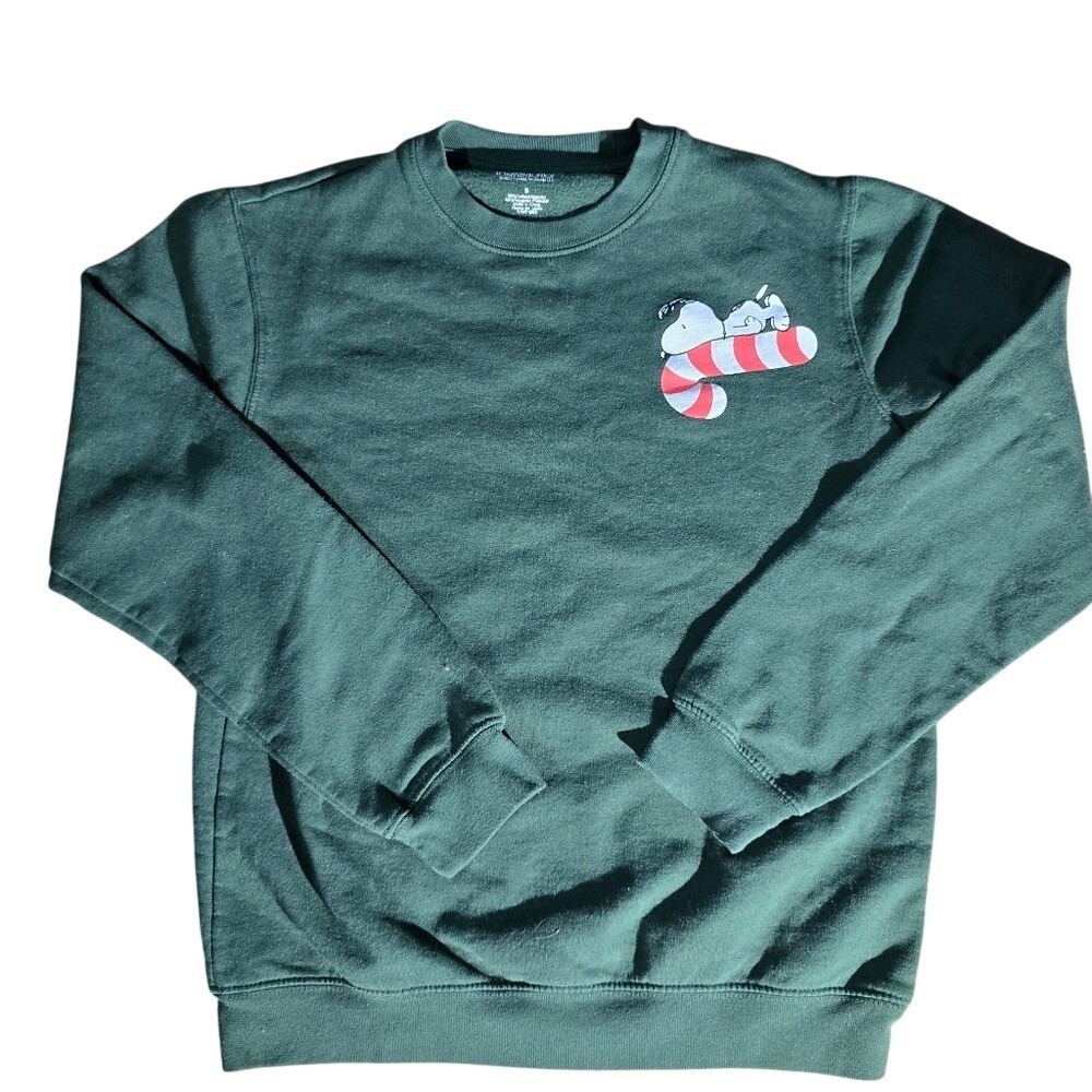 Peanuts Sweatshirt Unisex Small Green‎ Snoopy Candy Cane Holiday Crew